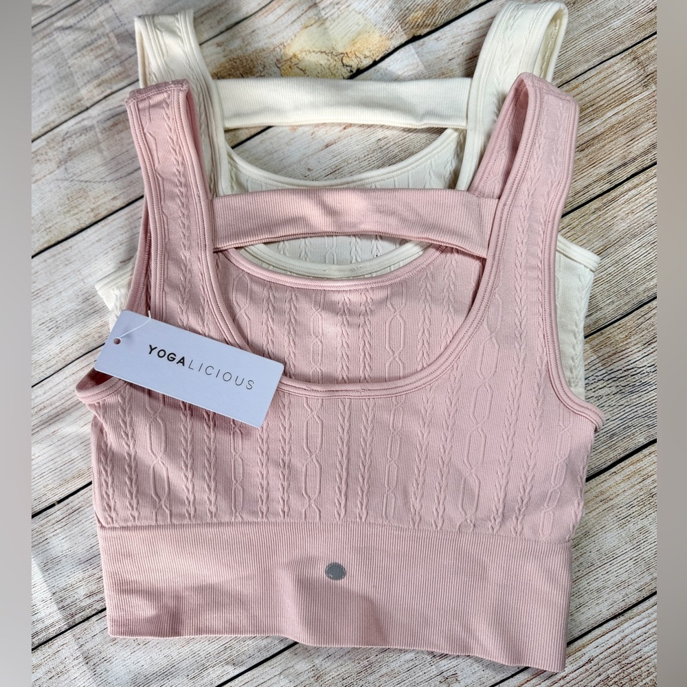 NWT Yogalicious Pink Cream Cable Knit Sports Bra Set Size XS/S